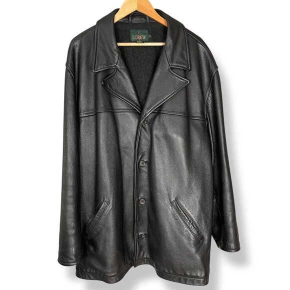 J. Crew‎ Leather Jacket Car Coat Men Black Size XL Wool Lining Lapel Button-Up - Picture 1 of 16